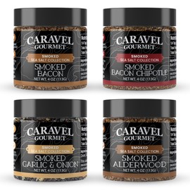 Alderwood Smoked Sea Salt Mega Sampler, Smoked Bacon Chipotle, Garlic & Onion Sea Salt, 4 oz Jar 4-Pack, Caravel Gourmet
