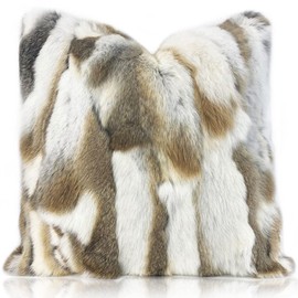 Entua Genuine Natural Fur Pillow Covers, Soft Shaggy Throw Pillows, Real Rabbit Fur Pillowcase, Cozy Animal Skin Cushion Cover for Couch Sofa Bed & Living Room Decor, 18x18, Brown White