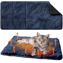Drydiet 4 Pack Self Warming Cat Bed Pad Self Heating Cat Dog Mat with Fluffy Faux Fur Plush Cat Calming Bed Thermal Cat Mat Washable Pet Pad Anti Slip Bottom for Outdoor Indoor Pets(Navy,16 X 20)