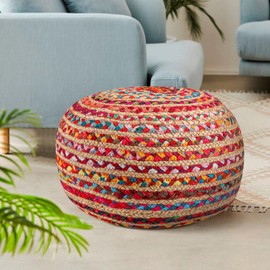 RIANGI Briaded Round Ottoman Pouf - Boho Pouf Ottoman Foot Rest - Poofs/Ottomans Furniture Decor - Poofy Ottoman for Bedroom - Poufs for Living Room Jute and Cotton - (18"x18"x10")