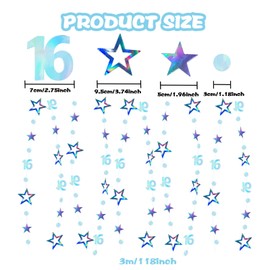 16th Birthday Hanging Swirls Decorations Blue Glitter 16 Circle Dots Star Garland Party Decorations Metallic Hanging Bunting Banner for 16th Birthday Wedding Anniversary Bridal Party