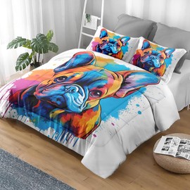 Pamnest Comforter Set Full Size, Cute Dog Vintage Soft 3 Pcs Bedding for Kids and Adults, French Bulldog Colorful Comforter Set with Pillowcase, for Bedroom Bed Decor