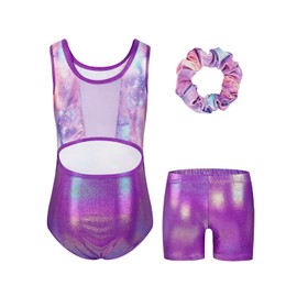 JiAmy Gymnastics Leotard for Girls, Children's Glitter Gymnastics Leotard with Rhinestones Set for 3-12 Years, Purple Star