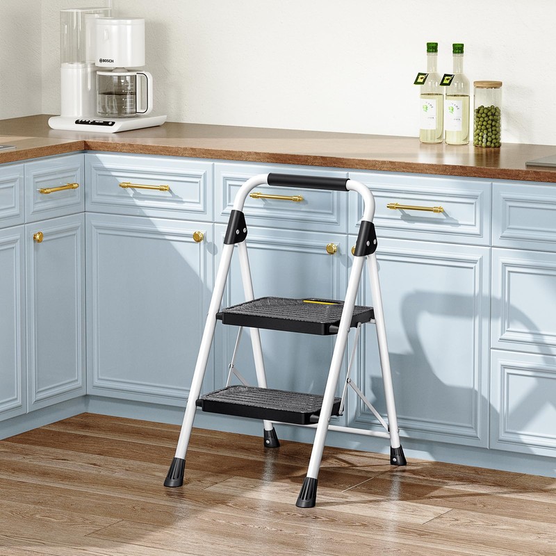TOOLF 2 Step Ladder, Sturdy Steel Step Stool with Anti-Slip