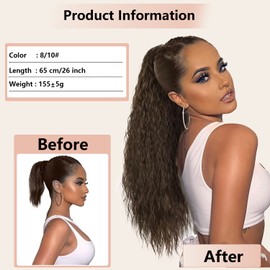 AL061D Ponytail Extension, Ponytail Hairpiece, Brown Curls with Drawstring, Long Hair Extensions, Synthetic Hairpiece, Wavy Afro Braid, 65 cm