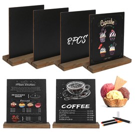 Pack of 8 Slate Board for Writing on Chalkboard Small with Rustic Wooden Stands Buffet Signs Price Tags Stand Drink Card for Bar Cafe Birthday Wedding Includes 3 Pens