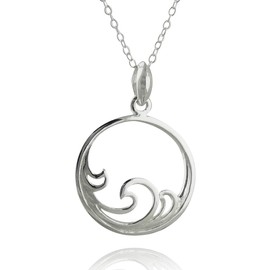 FashionJunkie4Life Sterling Silver Ocean Waves in Circle Pendant Necklace, 18" Chain
