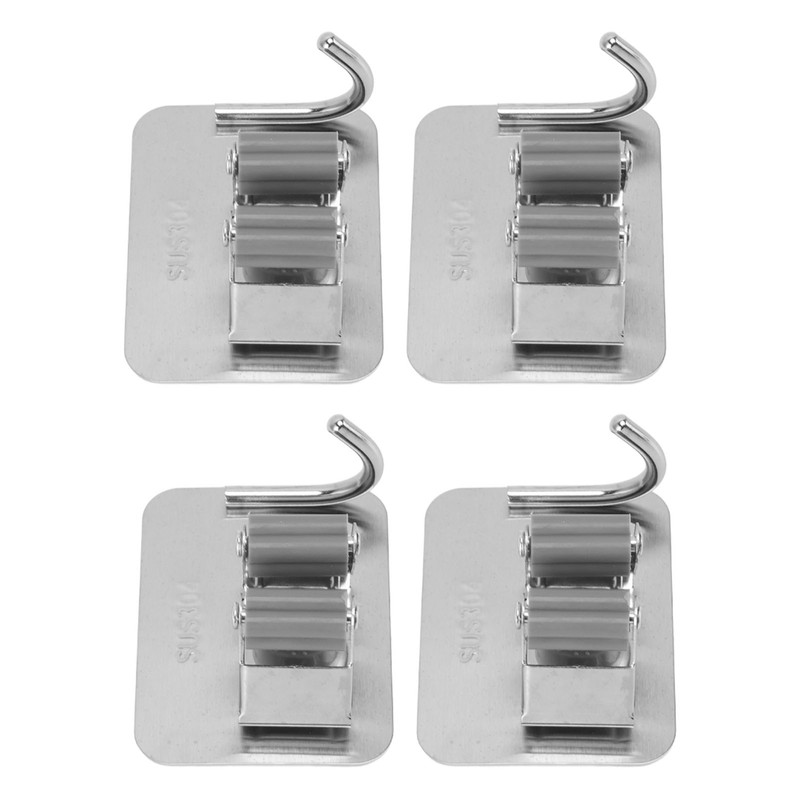 4Pcs Silver Mop Broom Holder with Hook Wall Mounted 304