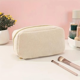 Corduroy Makeup Bag, Cream with Gold Zipper, 20 cm x 10 cm x 6 cm Everyday Use Or Travel Cosmetic Bag Lovely Gift for Mother's Day Valentines Birthday Gift for Her Teenager