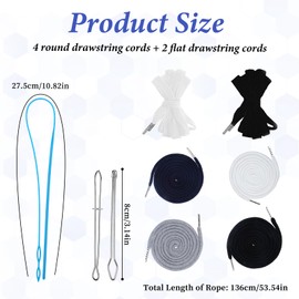 BOHUIZ 6 Pcs Flat and Round Drawstring Cords, 54" Hoodie String Replacement with Easy Drawstring Threader Tool, Draw String for Shorts Pants Sweatpants Jackets Coats Hoodies (Black/White/Navy/Grey)