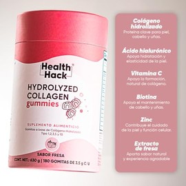 Colágeno Hidrolizado Gomitas 1910 Tipos Iii Ácido Hialurónico Vitamina Biotina Zinc Sabor Fresa Azúcar Piel Cabello Uñas 180 Porciones Health Hack