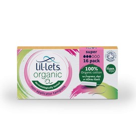 Lil-Lets Organic Non-Applicator Super Tampons, 16 Count (Pack of 1), for Medium to Heavy Flow, Made with 100% Organic Cotton, GOTS Certified, Vegan Organic Tampons, Plastic Free Period Care