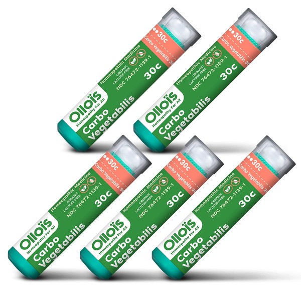 OLLOIS Carbo Vegetabilis 30c, Organic, Lactose-Free Homeopathic Medicine for Gas and Bloating, 80 Pellets (Pack of 5)