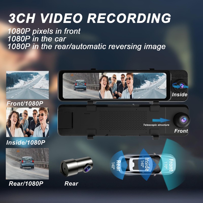 11‘’ Rear View Mirror Triple Channel Dash Cam,Touch Screen, CarPlay
