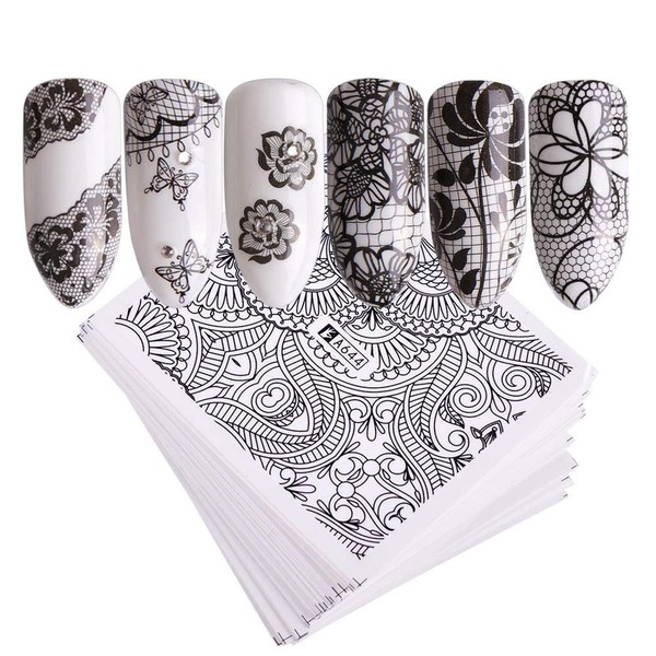 40 Sheets Nail Art Stickers Water Transfer Nail Decals Black Lace Flower Series Design Manicure Tips DIY Toenails Nail Art Decorations Accessories