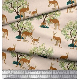 Soimoi White Velvet Fabric Tree & Kangaroo Animal Print Fabric by Yard 58 Inch Wide