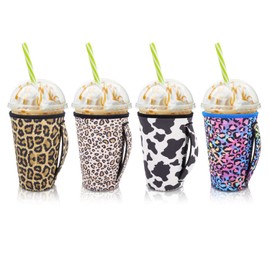 4Pack Reusable Iced Coffee Sleeve Insulator Sleeves for Cold Drinks Beverages, Neoprene Cup Holder for Most Coffee, Fits 30-32oz Large Cups (Animal Pattern With Handle)