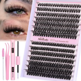 Fluffy Cluster Lashes Kit Wispy Individual Eyelashes Kit Volume 280 Pcs Eyelash Extension Kit D Curl Cluster Lashes Extension 9-16MM Lash Bond and Seal Tweezers by Newcally(50D+60D, 0.07D)