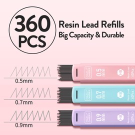 Four Candies Mechanical Pencil Set, 6 Pieces Lead Pencils 0.5 & 0.7 & 0.9 mm, 360 Leads HB, 3 Erasers, Mechanical Pencils Cool Pencils School Supplies Aesthetic School Stuff Clean Girl Stationery