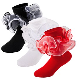 MKYSZLT Toddler Girls Ruffle Socks 4-Layer Big Lace Frilly Dress Socks Turn Cuff Fancy Pageant Sock for Baby Girl Little Kids (US, Age, 8 Years, 10 Years, 3 pairs - black,white,red)