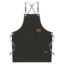LOYGLIF Chef Aprons for Men Women with Large Pockets, Cotton Canvas Cross Back Adjustable Cooking Kitchen Work Waterproof Bib Apron Green