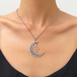 Sttiafay Boho Moon Cross Pendant Necklace Crescent Moon Choker Necklace Hollow Cross Choker Necklace Chain Silver Filigree Moon Necklace Jewelry for Women