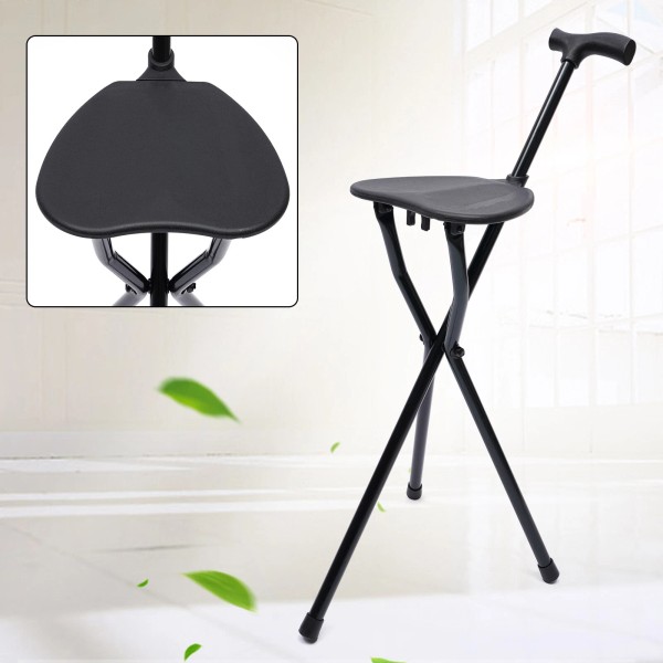 Unbranded Portable Folding Walking Stick with Seat 3 Legged Travel