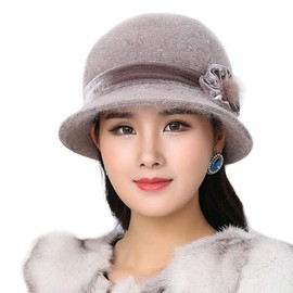 IBLUELOVER Women Felt Bowler Hat Roll-up Church Cloche Hat Floral Fedora Cap Khaki