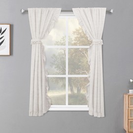 Castle Selection 2 Panel 32" W by 45" H Linen Window Curtain Set Rustic Style Decoration with Ruffled Edge, Tie Backs and Wall Adhesive Hooks (White)