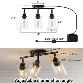 Modern Dimmable 3 Light Plug in Ceiling Light ,Black Plug in Track Lighting Kit with 16.5' extra-long cord with switch,Clear Glass Shade,Flexibly Rotatable Light Head,Modern Industrial Farmhouse Style