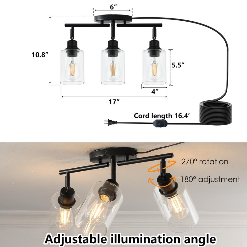 Modern Dimmable 3 Light Plug in Ceiling Light ,Black Plug