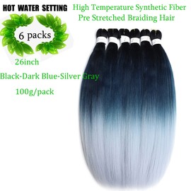 Pre Stretched Braiding Hair Extensions 26 Inch 6 Packs Braid Hair Prestretched Crochet Braids Hair Hot Water Setting High Temperature Synthetic Fiber Premium Yaki Texture(26inch,Black- Blue-Silver)