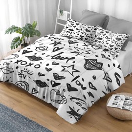 Pamnest Comforter Set Twin Size, Black White Love Cute Soft 2 Pcs Bedding for Kids and Adults, Valentines Day Watercolor Comforter Set with Pillowcase, for Bedroom Bed Decor