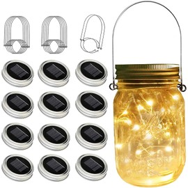 SunKite Solar Mason Jar Lights(NO Jars), 12 Pack 30 LED Waterproof Fairy Firefly Jar Lids String Lights with Hangers, Patio Yard Garden Wedding Decoration - Warm White