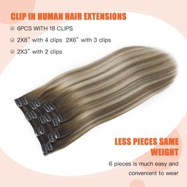 XDhair Balayage Clip-In Real Hair Extensions 45 cm 120 g Real Hair Balayage Walnut Brown to Ash Brown and Light Blonde Extensions Real Hair Clip Remy Straight Human Hair (#3/8/22-18 Inches)