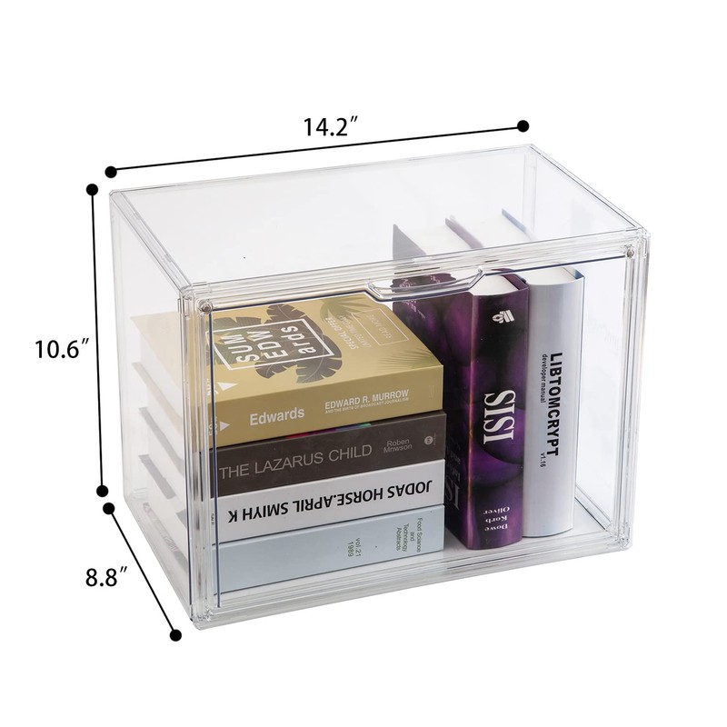 BOHOIDEE 2PACKS Clear Book Storage Organizer for Bookshelf, Plastic Stackable