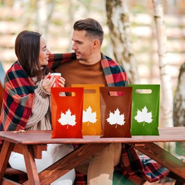 Epakh 100 Pieces Plastic Fall Gift Bags with Handle Autumn Treat Goodie Candy Bags with Maple Leaves Pattern for Fall Autumn Thanksgiving Party Favors Supplies Decoration