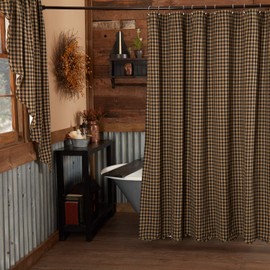 VHC Brands Black Check Scalloped Shower Curtain 72x72 Country Rustic Design, Black and Tan