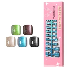 CUZIAM Cat Eye Toe Nail Press Ons Set, 5 Color Shimmer Galaxy Short Square Press on Toenails for Women, 120Pcs Nude Chameleon Green Blue Red Black Magnetic Gel Summer Full Cover Glossy Fake Toe Nails