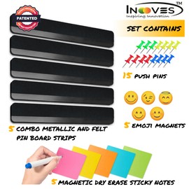 Inooves Combo Bulletin Board Strips - 5Pcs Felt & Magnetic Cork Board Strips, Strong Adhesive Cork Strips Bulletin Bar Strip, Small Cork Boards for Walls Home Office Organizer 1/2" Thick (Black)