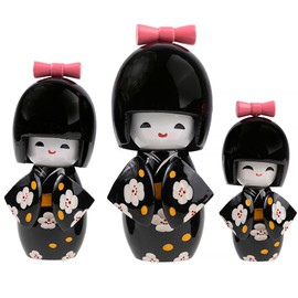 lachineuse 3 Japanese Kokeshis Dolls - Design and Black Hue, Black
