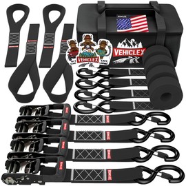 Vehiclex Motorcycle Ratchet Tie Down Straps with Soft Loops - 4PK Heavy Duty 1.5" x 8ft Kit, 4,400 lb Breaking Strength for Powersports, Black