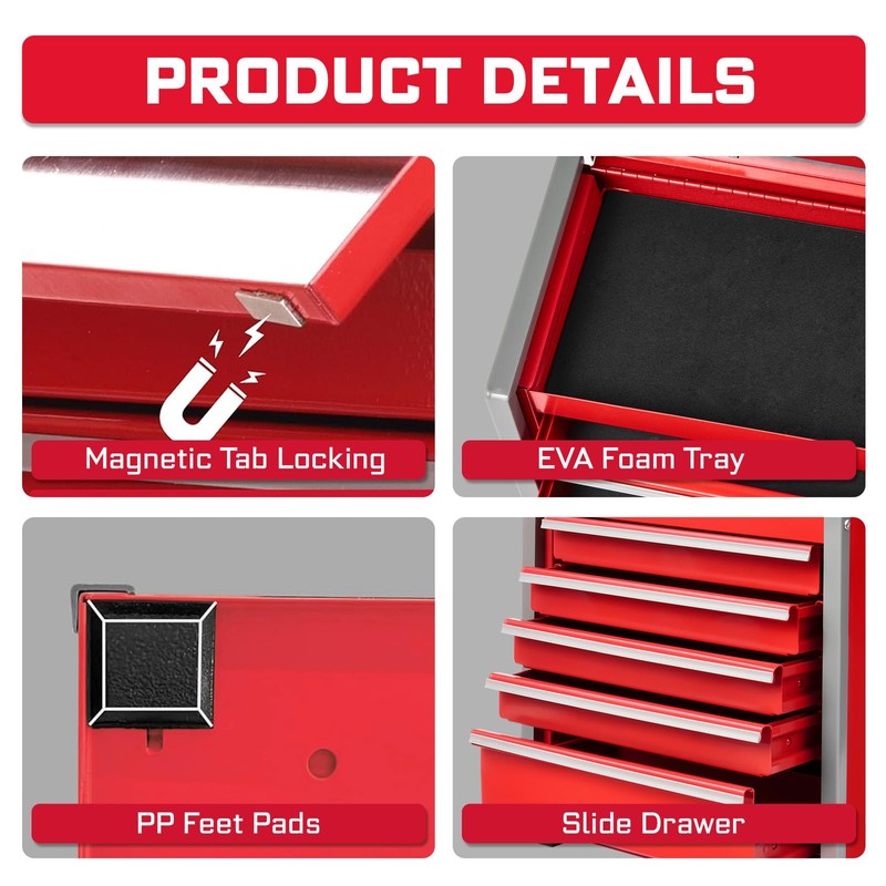 Geinxurn 5-Drawer Rolling Red Tool Box, Heavy Duty Micro Roll