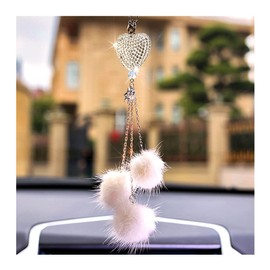 Bling Car Accessories for Women Men, Diamond Heart and Fuzzy Plush Ball, Rhinestones Diamond Car Rear View Mirror Ornaments, Lucky Hanging Pendant Interior Charm Decor for Car (White)