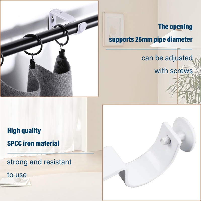 ZOCONE 6 Pcs White Curtain Pole Brackets, Adjustable Curtain Brackets