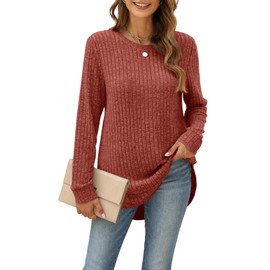 Aokosor Ladies Jumpers for Women UK Long Sleeve Tops Side Split Women Jumpers Curved Hem Ladies Tunic Tops Womens Jumper 10-12 Caramel