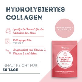 Hoch Effizientes Kollagenpulver mit Himbeergeschmack - Kollagen Peptide Typ 1 und 3 - Vitamin C, Vitamin E, Selen – Für strahlende junge Haut - 3400 mg hydrolysiertes Kollagen pro Dosis – Vitavea