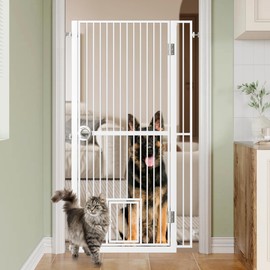 MODCART 61" Extra Tall Cat Gate for Doorway, Adjustable Wide 34.3"-36.7" and Included 4.13" Extension Kits, Suitable for Doorways or Kitchen, No Drilling Pressure Mount Kit, White