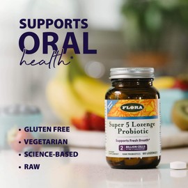 Flora - Super 5 Lozenge Probiotic, Raspberry Flavored Oral Probiotic, Good for Bad Breath, Five Strains with 2 Billion CFU, Regain and Retain Gut Health, RAW, 60 Lozenges