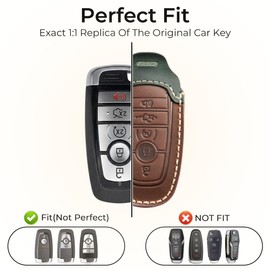 Compatible with Ford Key Fob Cover 5 Button, Hand-Stitched Vintage Leather Smart Key Case Pouch for F150 F250 F350 Explorer Ranger Expedition Maverick Mustang, Retro Sleeve with Brass Ring - Brown